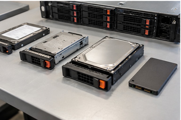 Enterprise server hard drives and solid state drives in server carriers