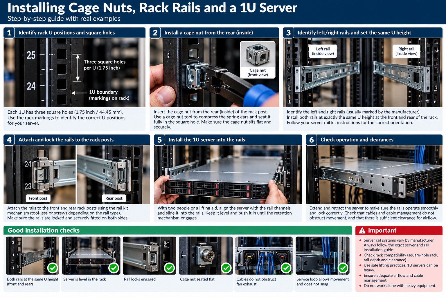 Server rack rails and equipment installation